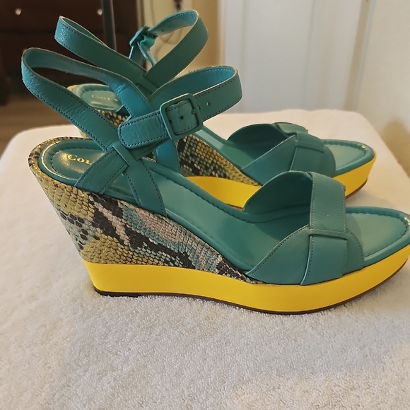 Cole Haan Nike Air Teal and Yellow  Sandals 9B Turquoise & Yellow Snake Wedge - Picture 3 of 16